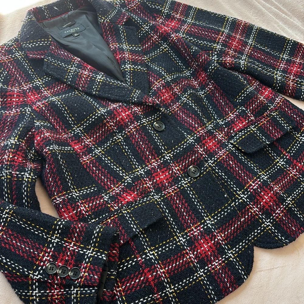 Talbots Aberdeen Tweed Wool Plaid Blazer Blazer Navy Red White Size 16P - Picture 2 of 9